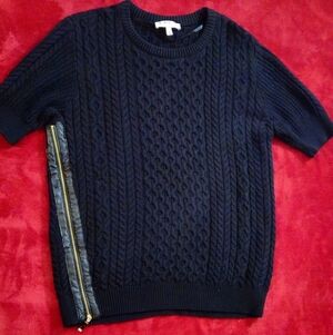 Chaus Black Cable Knit Sweater w/ Side Gold Zipper-Faux Leather Trim -Size Large